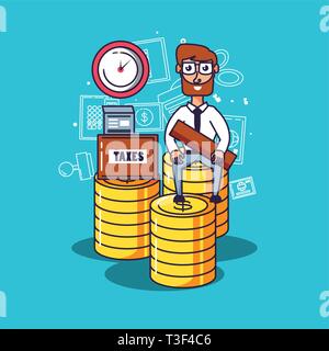 Steuer Tag mit Geschäftsmann und Symbole Vector Illustration Design Stock Vektor