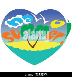 Typografie Hallo Sommer mit Palm Möwen und die Sonne Stock Vektor