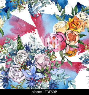 Wildblumen bouquet Blumig botanischen Blumen. Aquarell Hintergrund Abbildung. Nahtlose Muster. Stockfoto