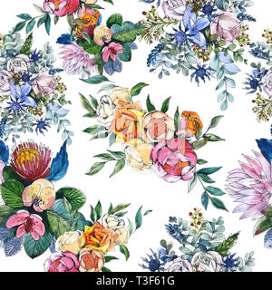 Wildblumen bouquet Blumig botanischen Blumen. Aquarell Hintergrund Abbildung. Nahtlose Muster. Stockfoto