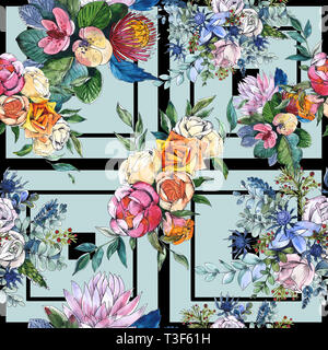 Wildblumen bouquet Blumig botanischen Blumen. Aquarell Hintergrund Abbildung. Nahtlose Muster. Stockfoto
