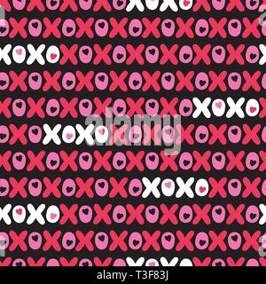Flache XOXO Valentinstag Typografie Vektor nahtlose Muster. Streifen Herzen und Worte. Liebe. XOXO. Umarmungen und Küsse. Cute Graffity. Schwarzen Hintergrund. Stock Vektor