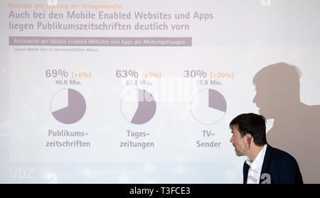 Berlin, Deutschland. 09 Apr, 2019. Stephan Scherzer, Geschäftsführer des Verbandes Deutscher Zeitschriftenverleger (VDZ), werden im Laufe des Annual-Pk des Verbandes Deutscher Zeitschriftenverleger sprechen. Foto: Ralf Hirschberger/dpa/Alamy leben Nachrichten Stockfoto