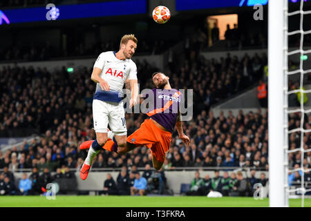 London, Großbritannien. 09 Uhr April 2019. Tottenham vorwärts Harry Kane Köpfe für Ziel während der UEFA Champions League Viertelfinale Hinspiele Übereinstimmung zwischen den Tottenham Hotspur und Manchester City an der Tottenham Hotspur Stadion, London am Dienstag, den 9. April 2019. Credit: MI Nachrichten & Sport/Alamy leben Nachrichten Stockfoto