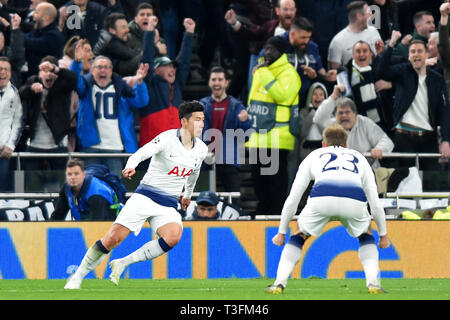 London, Großbritannien. 09 Uhr April 2019. Tottenham vorwärts Heung-Min Sohn feiert sein Ziel während der UEFA Champions League Viertelfinale Hinspiele Übereinstimmung zwischen den Tottenham Hotspur und Manchester City an der Tottenham Hotspur Stadion, London am Dienstag, den 9. April 2019. Credit: MI Nachrichten & Sport/Alamy leben Nachrichten Stockfoto