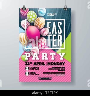 Vector Easter Party Flyer Illustration mit bemalten Eiern, Frühlingsblumen und Typografie-Elementen auf buntem Hintergrund. Frühlingsfeiertage Stock Vektor