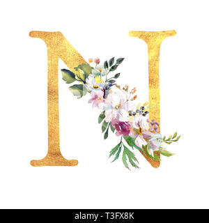 Romantische gold A mit einem gezogenen Aquarell Blumen. Elegante Emblem für Buchgestaltung, Markenname, Einladung Hochzeit dank Karte. Stockfoto