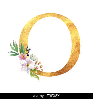 Romantische gold A mit einem gezogenen Aquarell Blumen. Elegante Emblem für Buchgestaltung, Markenname, Einladung Hochzeit dank Karte. Stockfoto