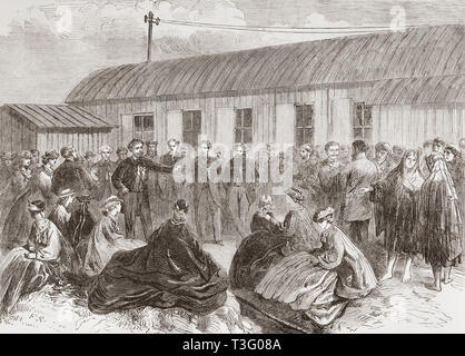 Die Verlegung der Atlantic Telegraph Kabel. Sir Robert Peel Adressierung der Zuschauer nach dem Anschließen der Ufer Ende des Kabels mit dem Fernschreiber Haus bei Foilhommerum Bay, Valentia Island, Irland. Von der Illustrated London News, veröffentlicht 1865. Stockfoto