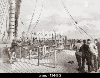 Die Auszahlung Maschinen der Atlantic telegraph Kabel an Bord der Großen Östlichen. Von der Illustrated London News, veröffentlicht 1865. Stockfoto