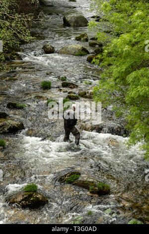 Ansicht eines Fischers waders tragen beim Angeln im Fluss Stockfoto