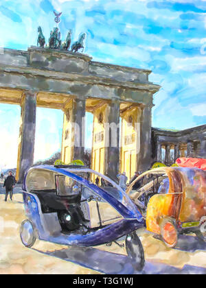 Aquarell Abbildung: Brandenburger Tor in Berlin. touristische Fahrräder vor und Menschen zu Fuß durch das Tor. Stockfoto