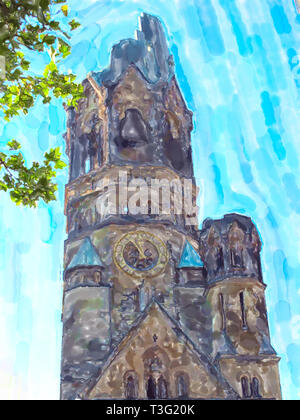 Kaiser-wilhelm-Gedächtniskirche in Berlin. Wasser Farbe Abbildung. Stockfoto