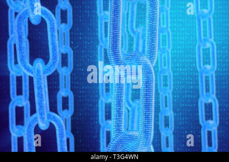 3D-Illustration digitale blockchain Code. Kette links Netzwerk. Der binäre Code im Hintergrund. Konzept von Netzwerk, Internet cryptocurrencies communicati Stockfoto