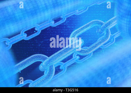 3D-Illustration digitale blockchain Code. Kette links Netzwerk. Der binäre Code im Hintergrund. Konzept von Netzwerk, Internet cryptocurrencies communicati Stockfoto