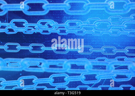 3D-Illustration digitale blockchain Code. Kette links Netzwerk. Der binäre Code im Hintergrund. Konzept von Netzwerk, Internet cryptocurrencies communicati Stockfoto