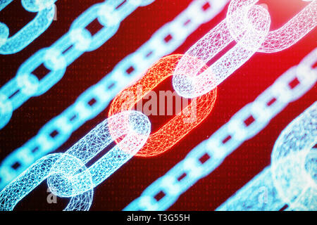Block Chain Konzept, digitale block Ketten Technologie. Cryptocurrency, Konzept der digitalen Code. Red Kette links Netzwerk. Niedrige vieleckigen Netz von Dreiecken Stockfoto