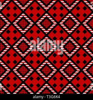 Folk ornament Hand gezeichnet nahtlose Muster. Abstrakte tribal Textur. Schwarz, Weiß auf Rot rhombus dekorativen Hintergrund. Ethnische Stickerei pixel Zeichnung Stock Vektor