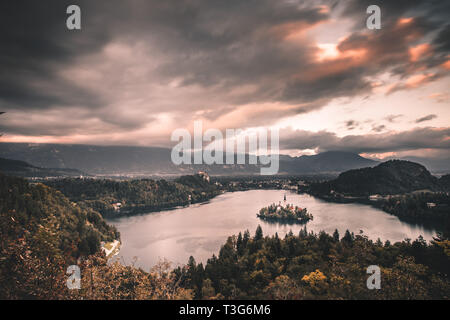 Panoramasicht auf den See Bled Slowenien Stockfoto