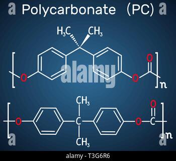 Polycarbonat (PC) thermoplastischen Polymer Molekül. Strukturelle chemische Formel auf dem dunkelblauen Hintergrund. Vector Illustration Stock Vektor