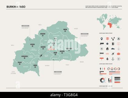 Vektor Karte von Burkina Faso. Hoch detaillierte Landkarte mit Abteilung, Städten und der Hauptstadt Ouagadougou. Politische Landkarte, Weltkarte, infografik Elemente. Stock Vektor