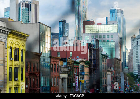 Gebäude entlang der East Broadway in New York City's Chinatown, Downtown Manhattan Stockfoto