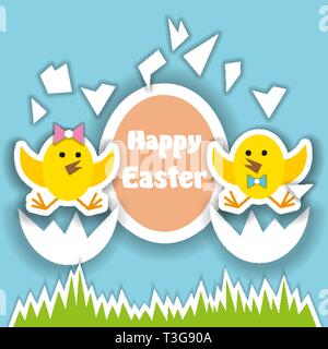 Cute cartoon chiken auf Blau grunge Hintergrund. Frohe Ostern Grußkarte Vorlage. Frühling Urlaub Hintergrund. Stock Vektor