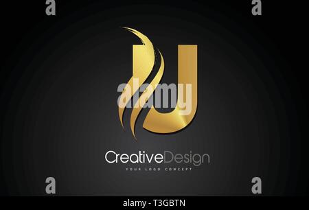Gold Metall u Schreiben Design Pinsel Farbe streichen. Schreiben Logo mit schwarzem Hintergrund Stock Vektor