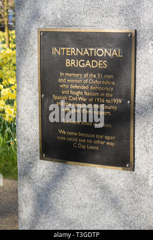 Die Gedenkstätte für die 31 Männer aus Oxford, die in den Internationalen Brigaden im Spanischen Bürgerkrieg kämpfte Stockfoto