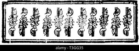 Antike Vektorzeichnung oder Gravur von Vintage floral dekorative Gestaltung von Blumen in Rahmen in Schwarz und Weiß. Ab Der neugepflansste kleine Baum-Garten, 1772. Stock Vektor