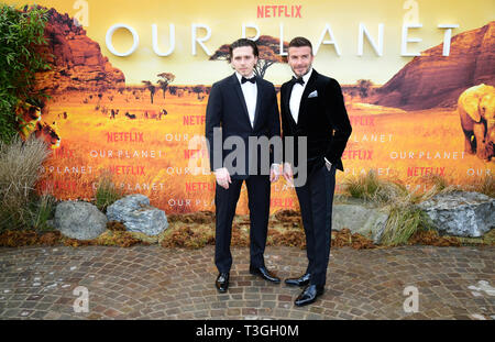 Brooklyn Beckham und David Beckham die Teilnahme an der Weltpremiere des Netflix unseres Planeten, am Natural History Museum, London statt. Stockfoto