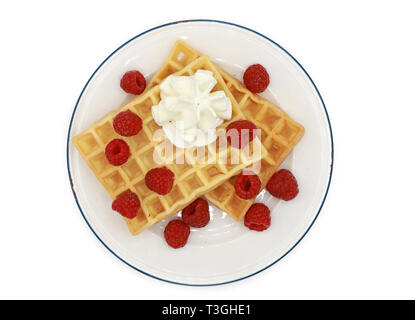 Frische belgische Waffeln mit Himbeeren und Sahne auf einem Schild auf weißem Hintergrund Stockfoto