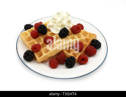 Frische belgische Waffeln mit raspberrys, Brombeeren und Schlagsahne auf einem Schild auf weißem Hintergrund Stockfoto