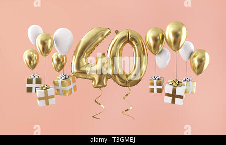 Nummer 40 Geburtstag Feier Gold Ballon mit präsentiert. 3D-Rendering Stockfoto