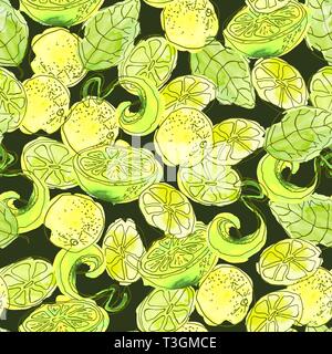 Nahtlose Muster von Hand - ganze gezeichnet, Zitrone Stücke und Blätter.. Vector Illustration Stock Vektor