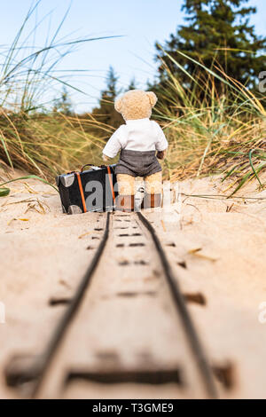 Teddy Bear mit Koffer reist allein entlang verlassenen railroad Track at Dünenlandschaft (Kopie) Stockfoto