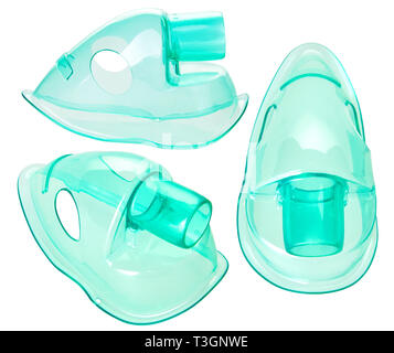 Vernebler Inhalationsmaske, Atemschutzmaske auf weißem Hintergrund. Kompressor Vernebler Ausrüstung. Bronchitis, asthmatische Gesundheit Ausrüstung. Stockfoto