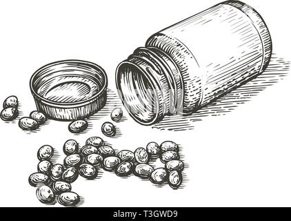 Hand gezeichnet Flasche mit Pillen. Pharmazie, Medizin Konzept. Skizze Vector Illustration Stock Vektor