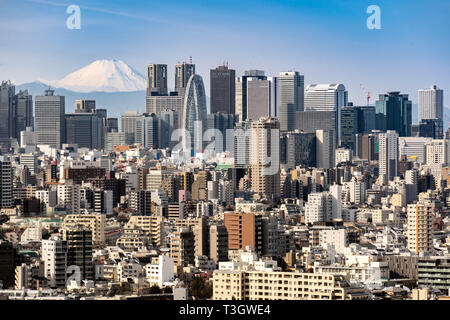 Berg Fuji mit Tokyo Skylines und Wolkenkratzer Gebäude in der Shinjuku Station in Tokyo. Von Tokio Bunkyo Civic Center Observatory Sky Schreibtisch genommen. Stockfoto