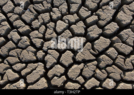 Abstraktes Muster für trockene, rissige Ton Schlamm in ausgetrockneten See bed/Riverbed durch die lang anhaltende Trockenheit im Sommer Bei heißem Wetter Temperaturen Stockfoto