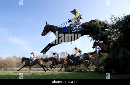 Angenehme Gesellschaft geritten von Jockey Paul Townend während der RANDOX Gesundheit Grand National Handicap Chase während Grand National Tag des 2019 Randox Gesundheit Grand National in Aintree Racecourse. Stockfoto