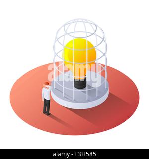 3d-isometrische Geschäftsmann stehend mit Glühbirne im Käfig. Idee, Konzept. Stock Vektor