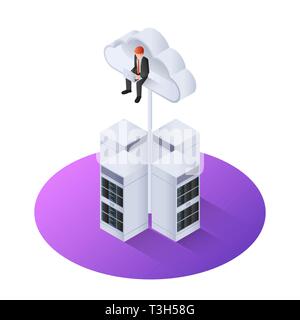 3d-isometrische Geschäftsmann mit Laptop auf Wolke über dem Server sitzen. Cloud Computing Konzept Stock Vektor