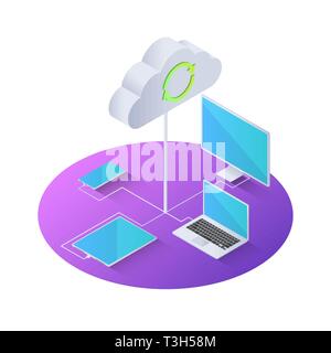 3d-isometrische Elektronik verbunden zum Cloud Computing. Cloud Computing Konzept. Stock Vektor