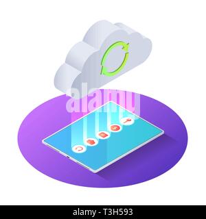 3d-isometrische tablet pc hochladen Datei zu Cloud. Cloud Computing Technologie Konzept. Stock Vektor
