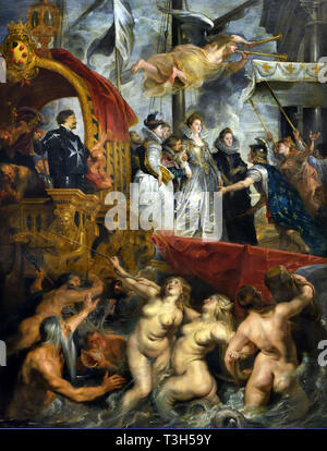 Die ausschiffung in Marseille - Die Marie de Medici Zyklus 1622-1624 von Peter Paul Rubens im Auftrag von Königin Marie de Medici, der Witwe von König Heinrich IV. von Frankreich, für die Luxemburg Palace in Paris, (Unten, Poseidon, drei Nereiden, ein Meer - Gott und Triton aus dem Meer steigen). Stockfoto