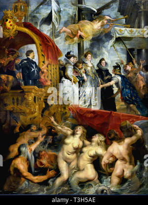 Die ausschiffung in Marseille - Die Marie de Medici Zyklus 1622-1624 von Peter Paul Rubens im Auftrag von Königin Marie de Medici, der Witwe von König Heinrich IV. von Frankreich, für die Luxemburg Palace in Paris, (Unten, Poseidon, drei Nereiden, ein Meer - Gott und Triton aus dem Meer steigen). Stockfoto