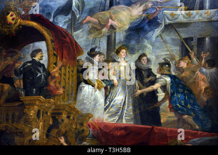 Die ausschiffung in Marseille - Die Marie de Medici Zyklus 1622-1624 von Peter Paul Rubens im Auftrag von Königin Marie de Medici, der Witwe von König Heinrich IV. von Frankreich, für die Luxemburg Palace in Paris, (Unten, Poseidon, drei Nereiden, ein Meer - Gott und Triton aus dem Meer steigen). Stockfoto