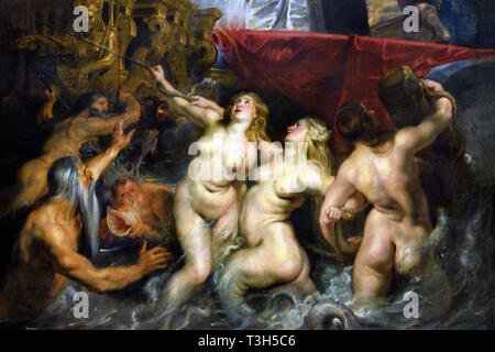 Die ausschiffung in Marseille - Die Marie de Medici Zyklus 1622-1624 von Peter Paul Rubens im Auftrag von Königin Marie de Medici, der Witwe von König Heinrich IV. von Frankreich, für die Luxemburg Palace in Paris, (Unten, Poseidon, drei Nereiden, ein Meer - Gott und Triton aus dem Meer steigen). Stockfoto
