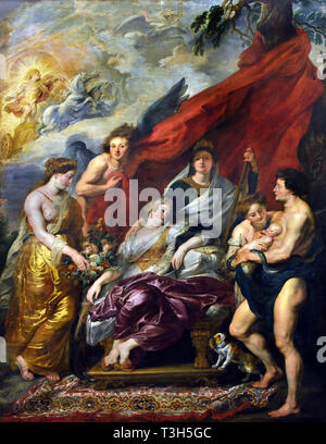 Die Geburt des Dauphin (Louis XIII) in Fontainebleau - Die Marie de Medici Zyklus 1622-1624 von Peter Paul Rubens im Auftrag von Königin Marie de Medici, der Witwe von König Heinrich IV. von Frankreich, für die Luxemburg Palace in Paris, Stockfoto